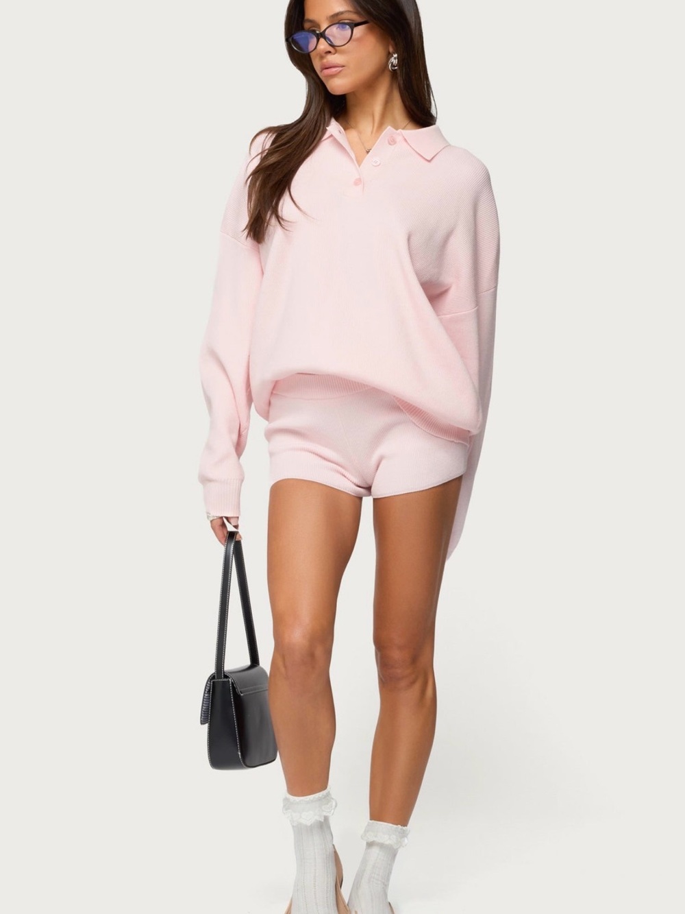 Edikted Lorie Pink Oversized Polo Sweatshirt & Shorts SET!